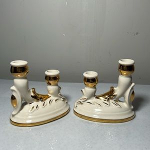 Vintage Porcelain Taper Candle Holders with Gold Trim
